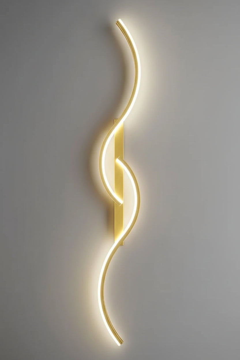 Wall-mounted LED light fixture with gold finish, dimensions, and specifications on a gray background.