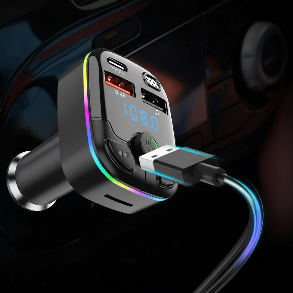 Car charger with multiple ports and features highlighted, including USB3.4A and Type-C connections.