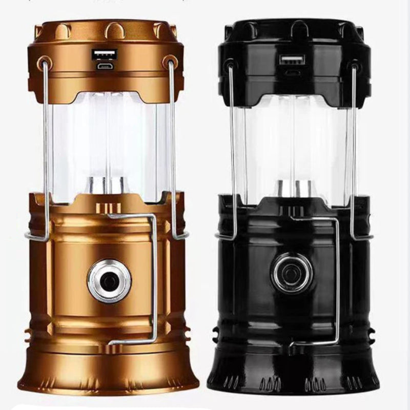 Two camping lanterns, one gold and one black, with measurements indicated on a white background.