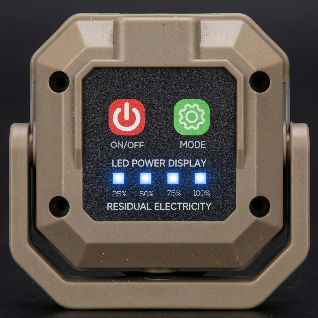 A rugged, octagonal electronic residual electricity detector in a tan-gray casing with a black front display screen showing power and mode icons.