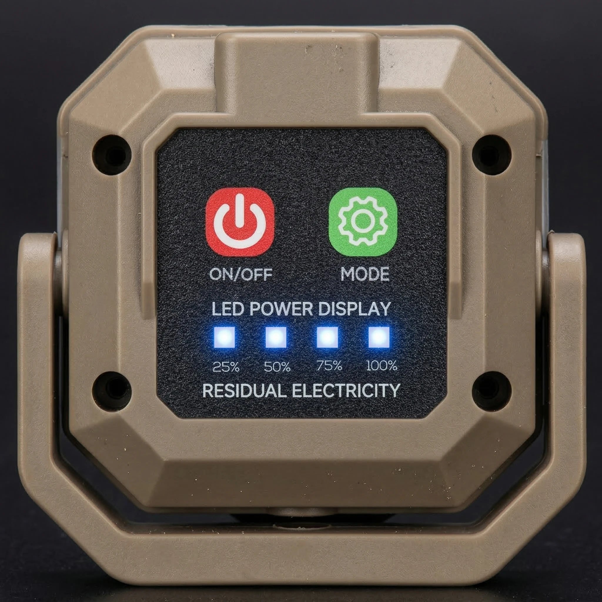 A rugged, octagonal electronic residual electricity detector in a tan-gray casing with a black front display screen showing power and mode icons.