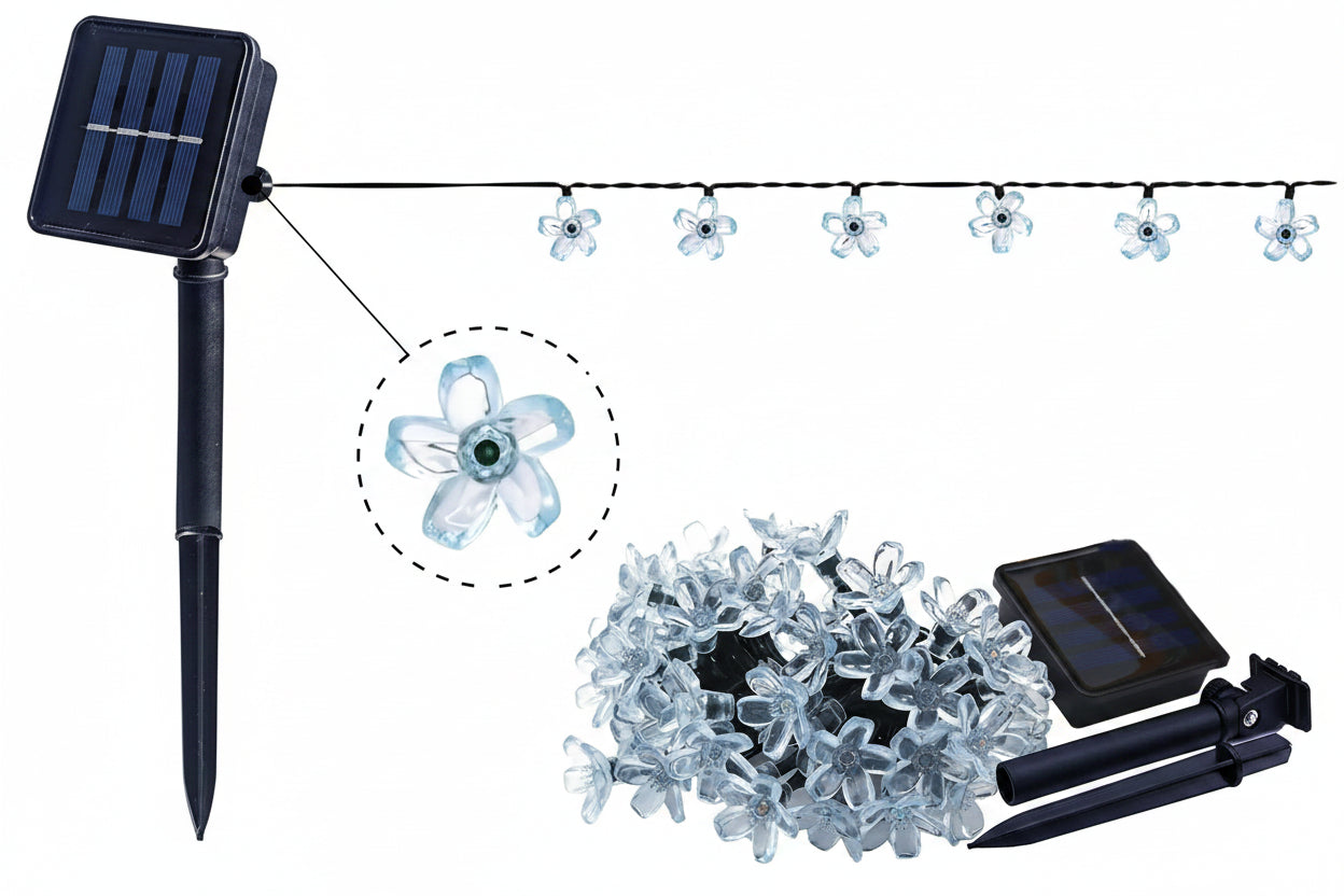 Solar string lights with dimensions and components on a white background