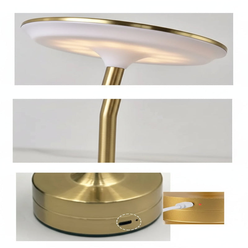 Gold and white lamp with close-up of base and control panel on a light gray background