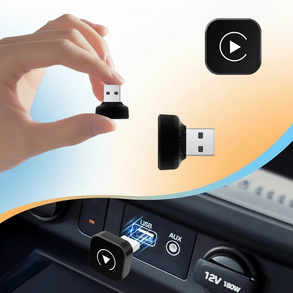 Car audio adapter with USB and AUX ports, hand holding it, and close-up of adapter on car dashboard.