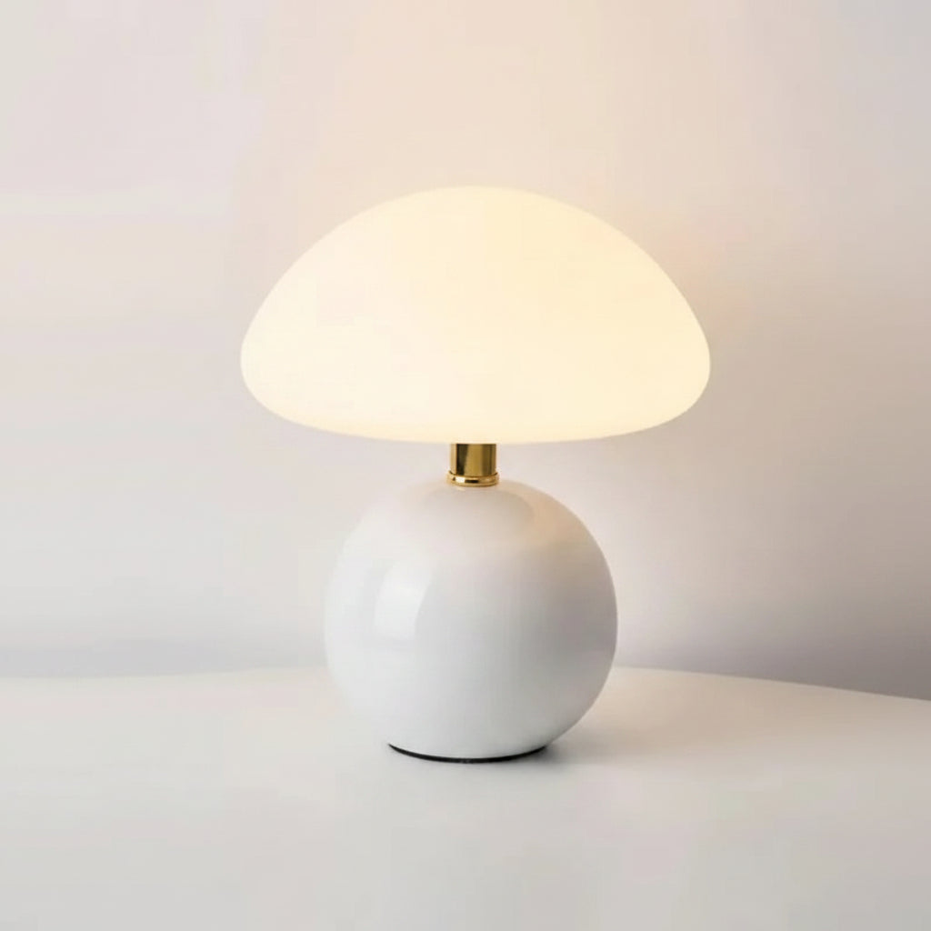 White table lamp with measurements and material labels on a light gray background