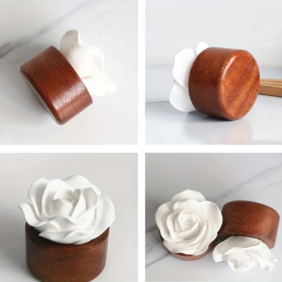 Wooden and ceramic flower-shaped objects on a white background