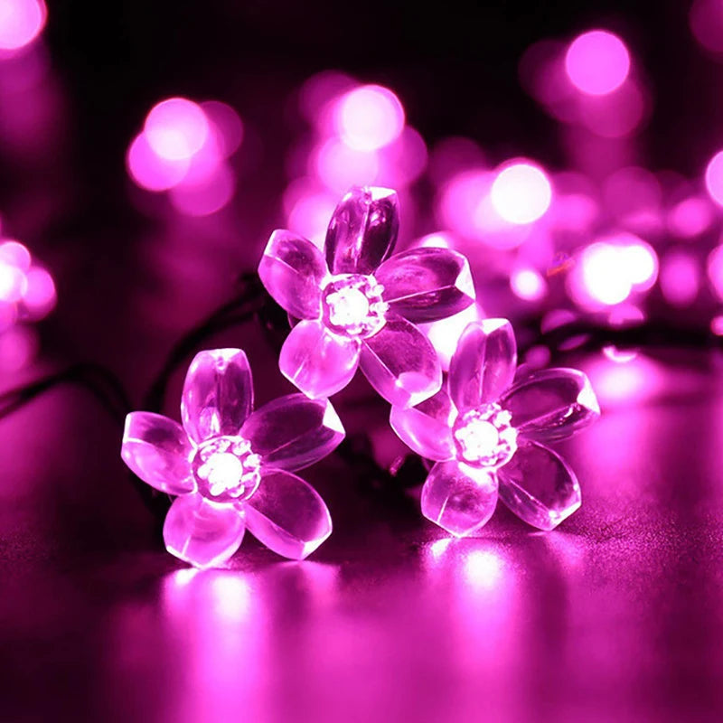 String of pink flower-shaped lights on a dark background