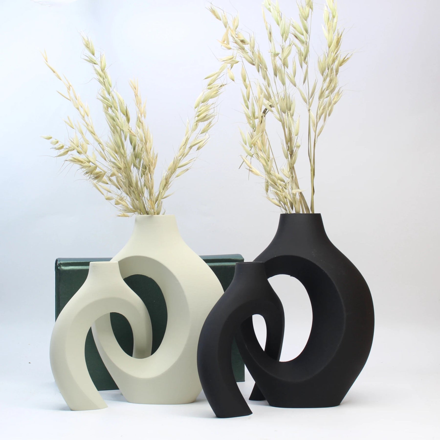Two decorative vases, one white and one black, with dried plants on a light background.