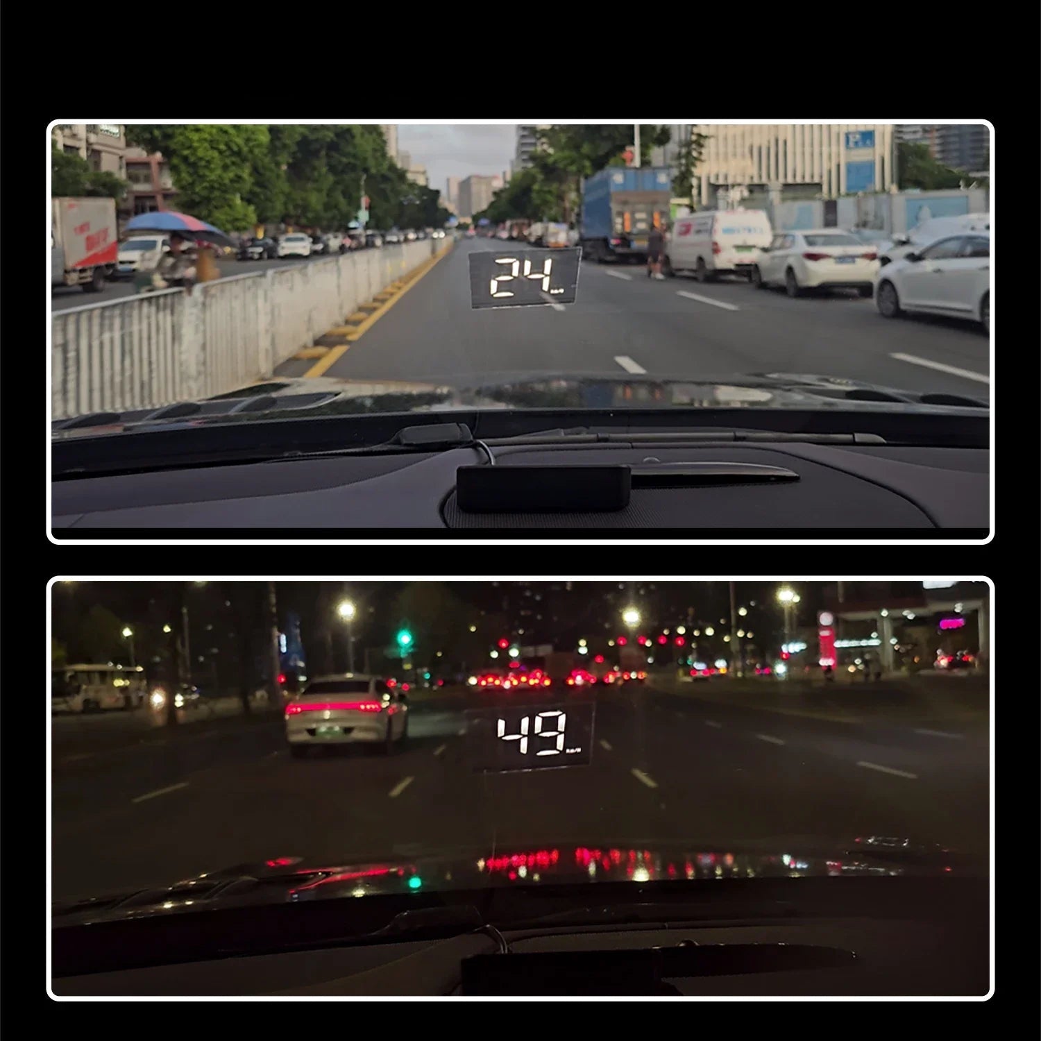 Two views of a car's dashboard with a speedometer showing speeds on a road and at night.