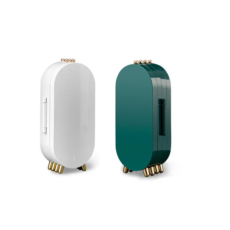 Two electronic devices, one white and one green, with dimensions labeled on a white background.
