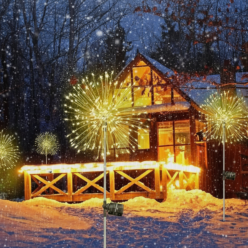 Decorative lights in front of a snow-covered house with 'Waterproof', 'IP65 Waterproof', 'Heat Resistant', and 'Weather Resistant' features displayed.