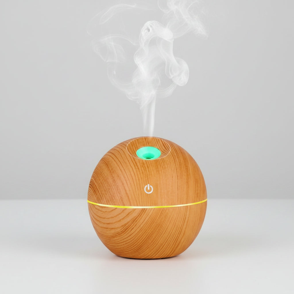 Wooden-textured diffuser with LED color options and specifications on a white background
