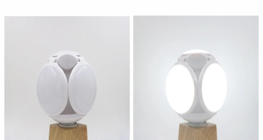 A comparison graphic showing a dual-light bulb product in two states: off lights and on lights, with text reading 'Eye Protection Without Flicker' and a small lifestyle inset demonstrating glare reduction in a room.