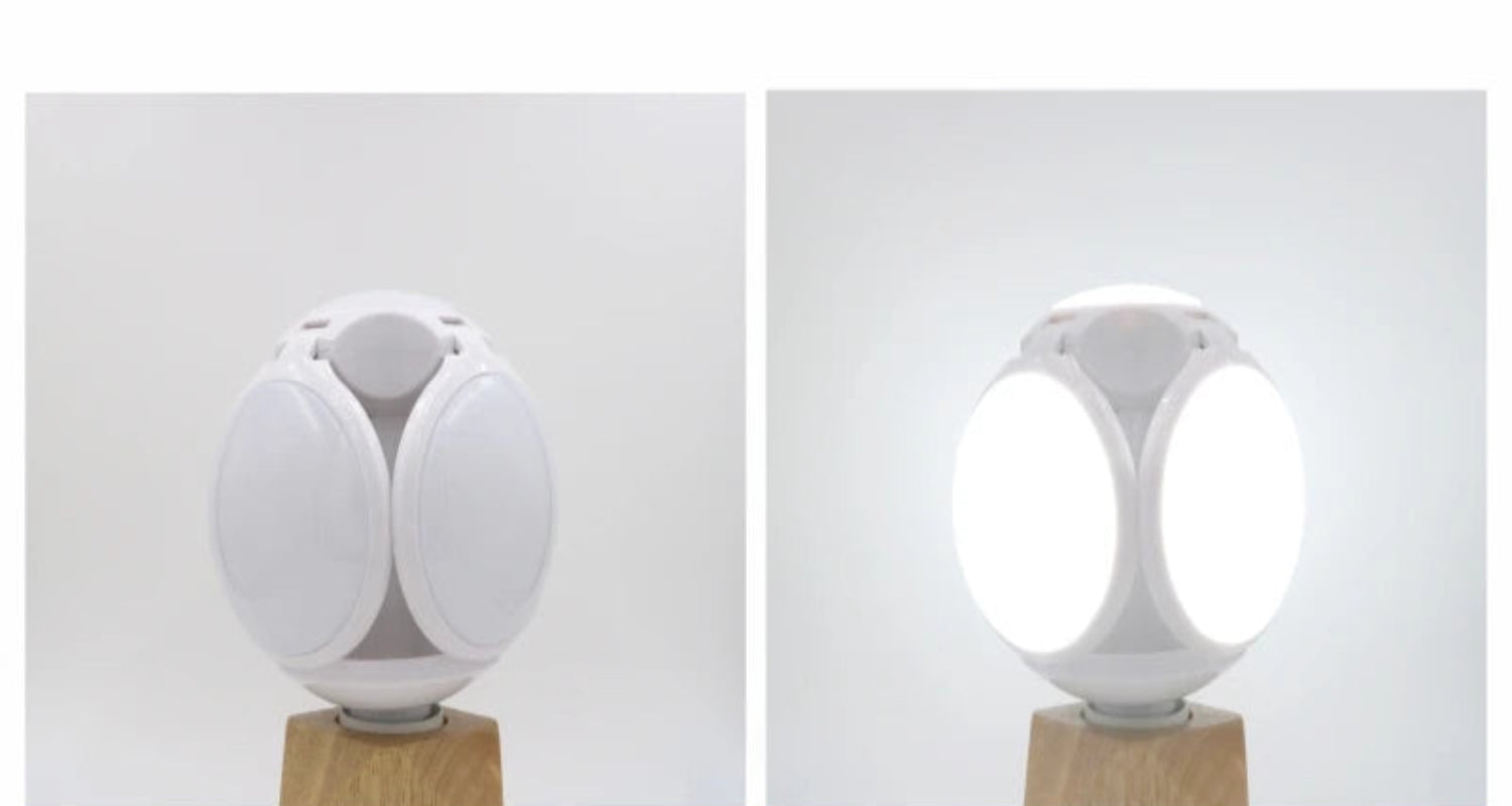 A comparison graphic showing a dual-light bulb product in two states: off lights and on lights, with text reading 'Eye Protection Without Flicker' and a small lifestyle inset demonstrating glare reduction in a room.