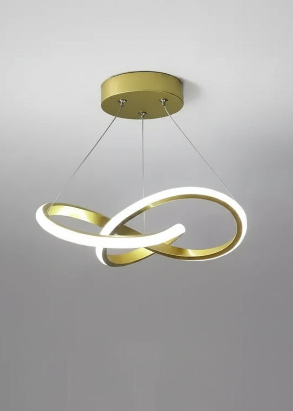 Gold pendant light with dimensions and specifications on a gray background