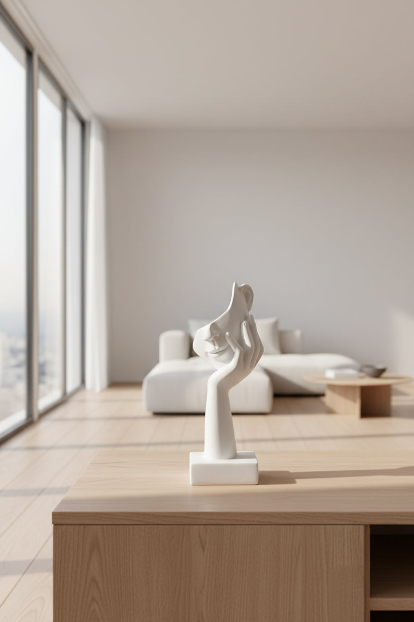 White abstract sculpture with dimensions indicated on a dark surface and gray background