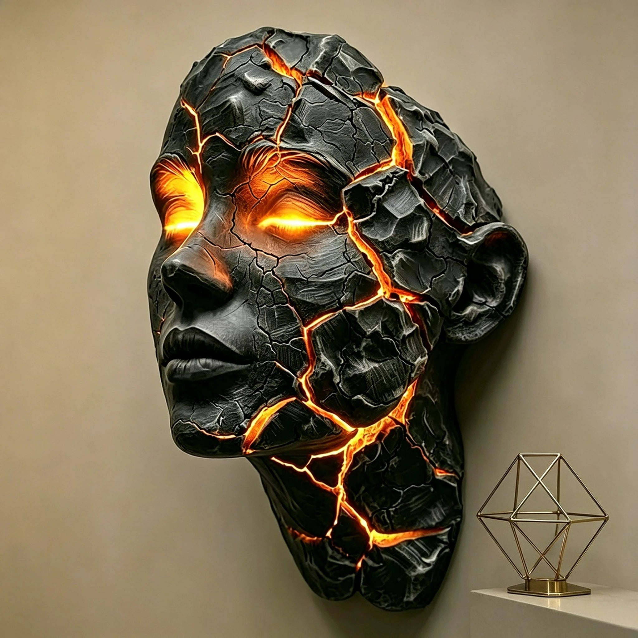 A sculptural black stone-like head with glowing orange fissures and bright orange eyes, mounted on a beige wall above a small gold geometric table lamp.