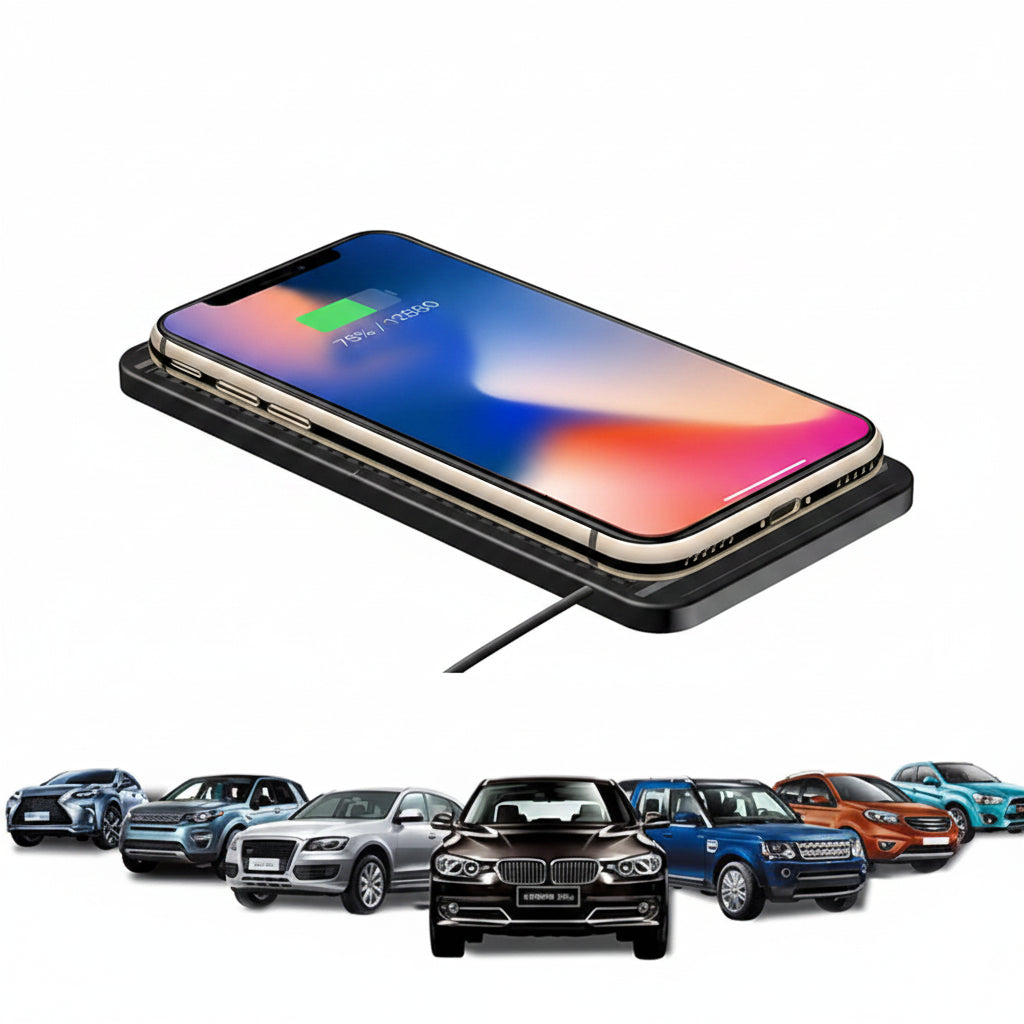 Wireless car charger with smartphone on a white background, surrounded by cars.