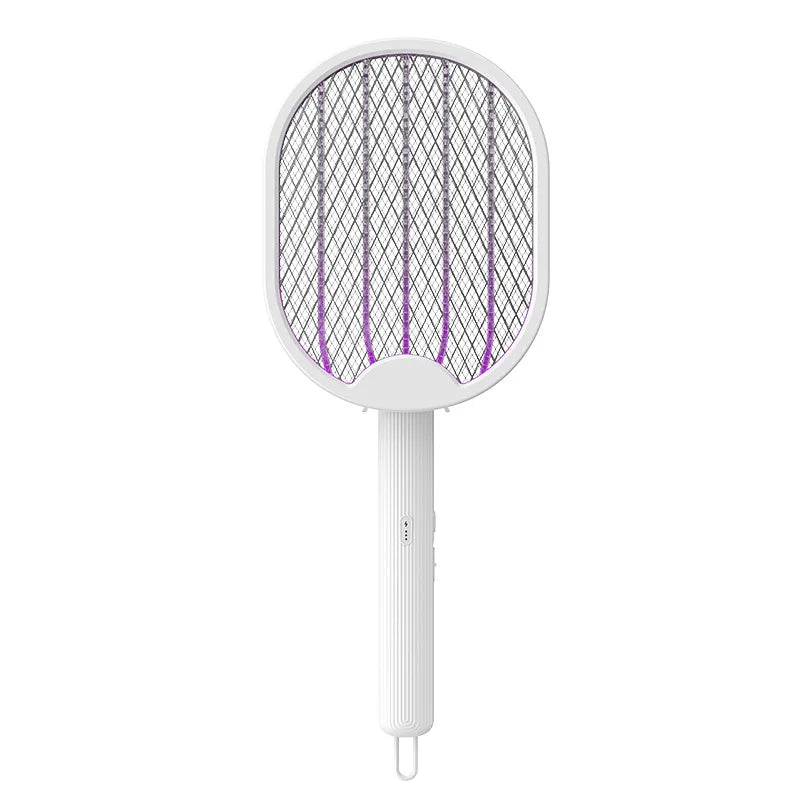 White electric fly swatter with purple accents on a white background