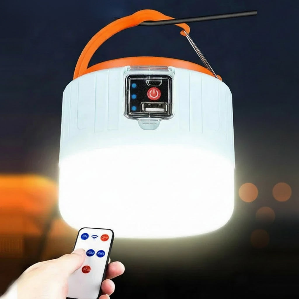 Portable lantern with remote control and features highlighted on a dark background