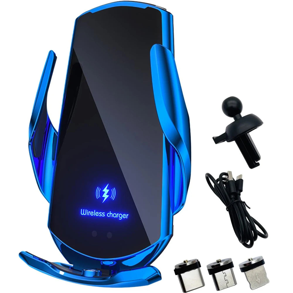 Smart Auto-Clamping Wireless Car Charger Mount in Blue – 15W Fast Charging