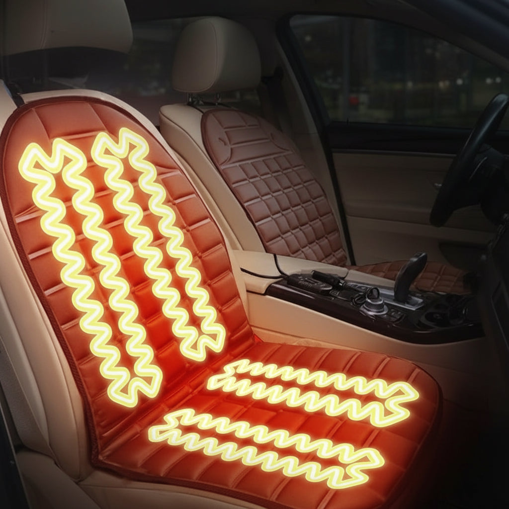 Car heated seat cushion with glowing heating elements on a car seat, labeled for 12V General Motors compatibility.