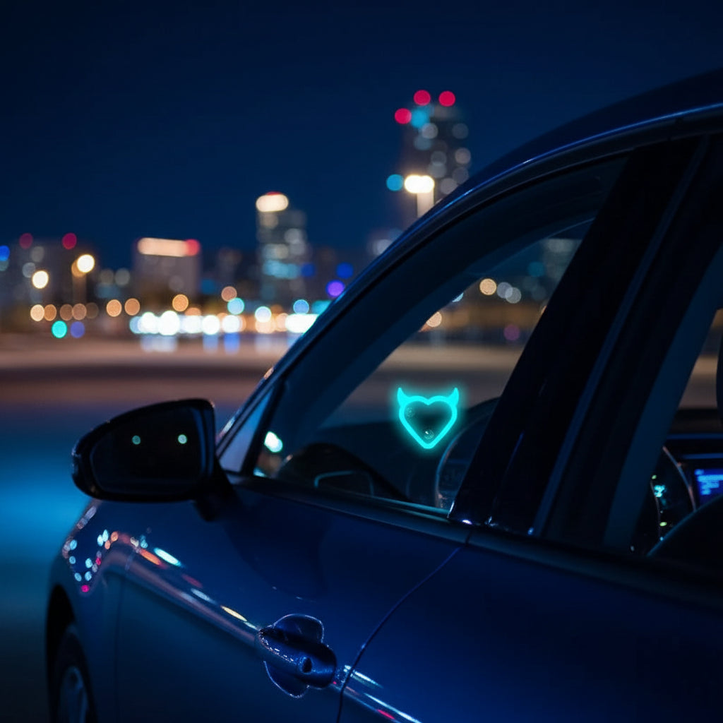 Car interior with a glowing blue heart-shaped light, text about decorating car with cool lighting effects.