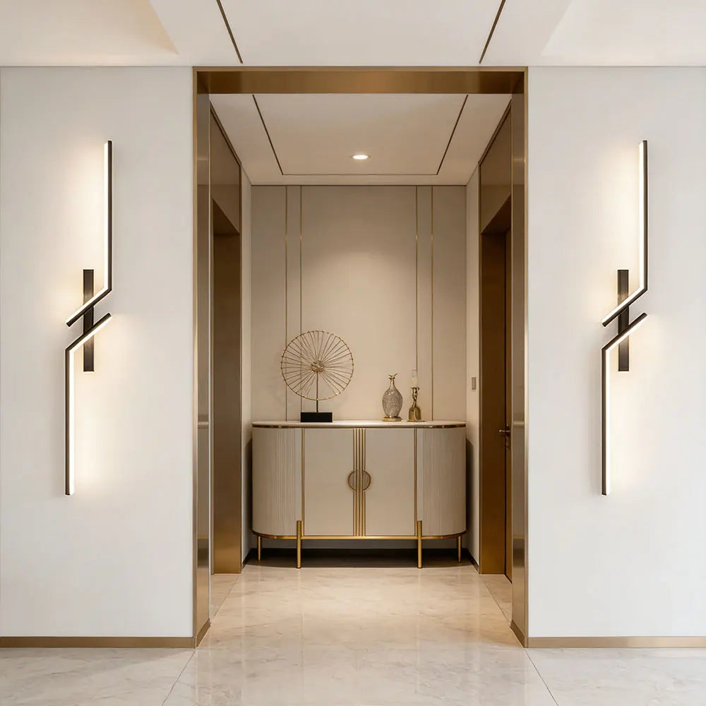 Modern interior design with a sideboard, wall lights, and decorative items.