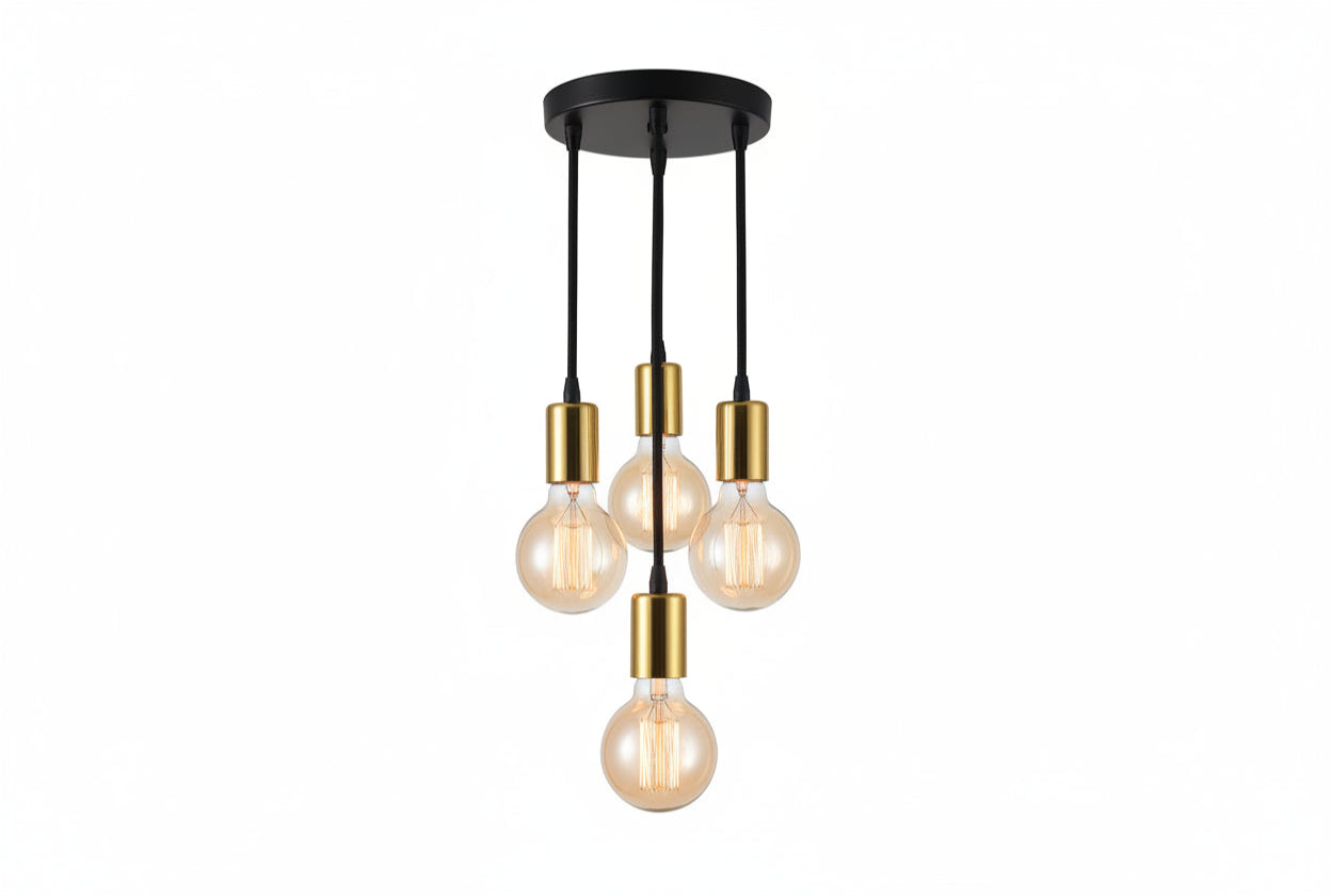 Black and gold pendant light fixture with measurements on a white background