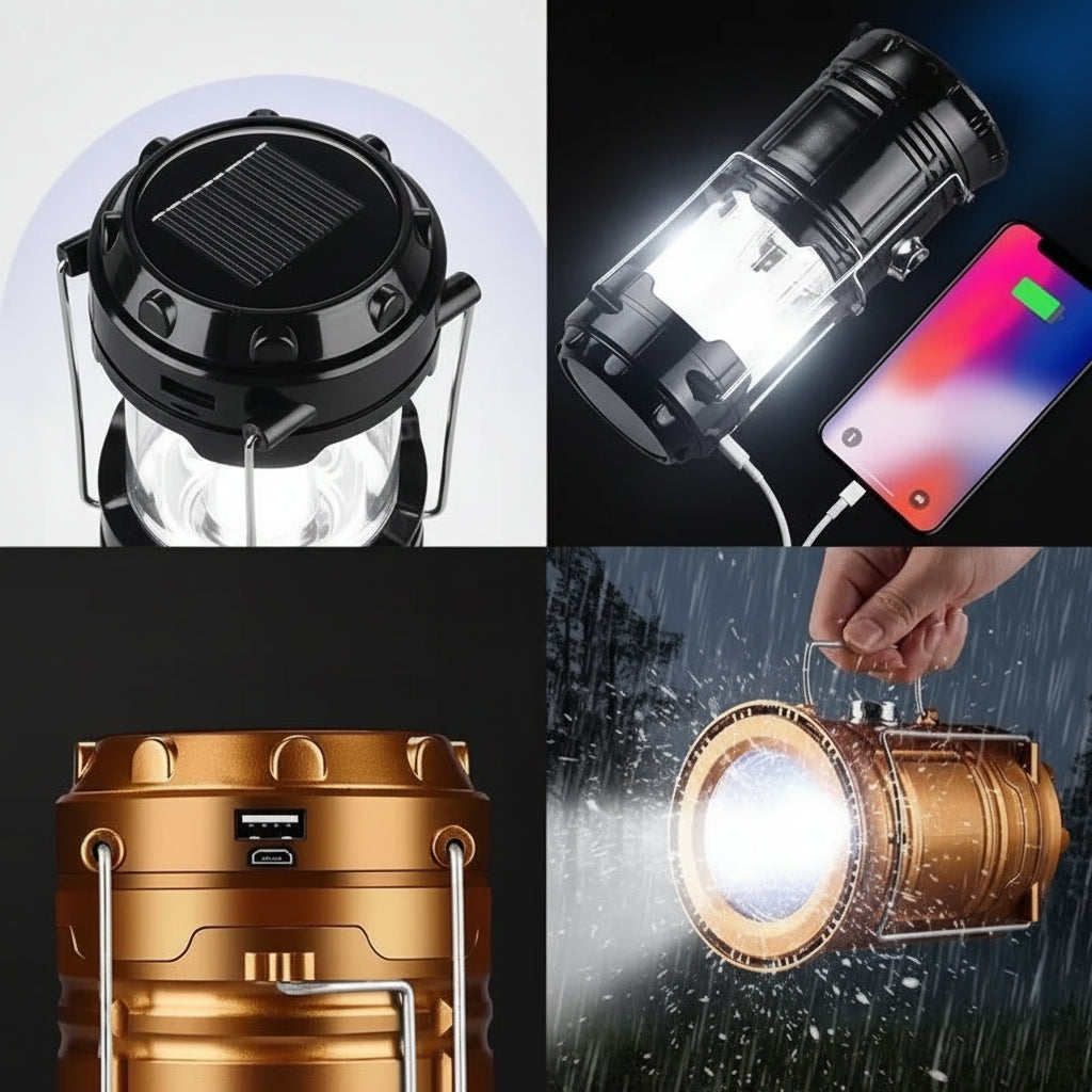 Four images showcasing a camping lantern with solar charging, emergency power bank, USB charging, and normal use features.