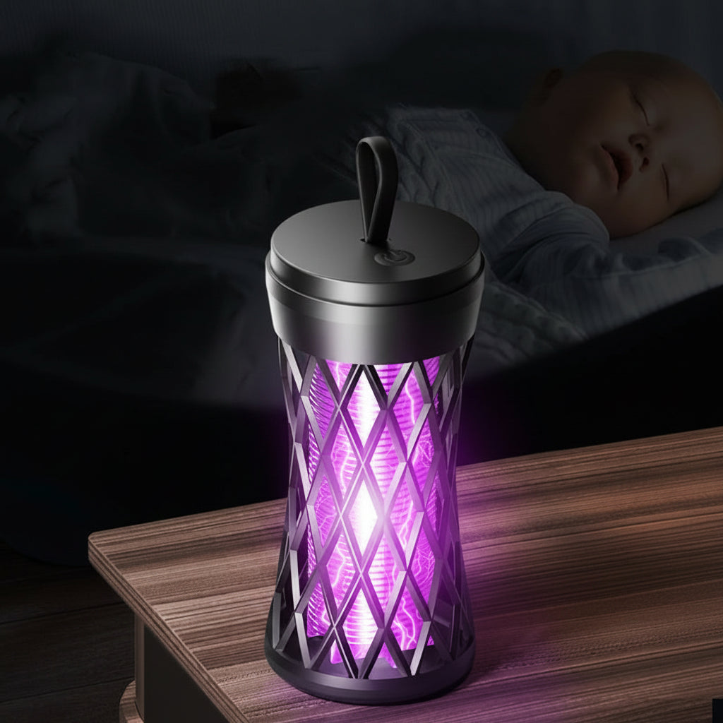 Mosquito killer device with purple light on a table next to a sleeping baby.