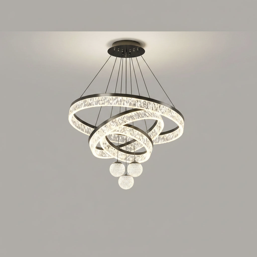 Chandelier with dimensions and power rating displayed on a gray background