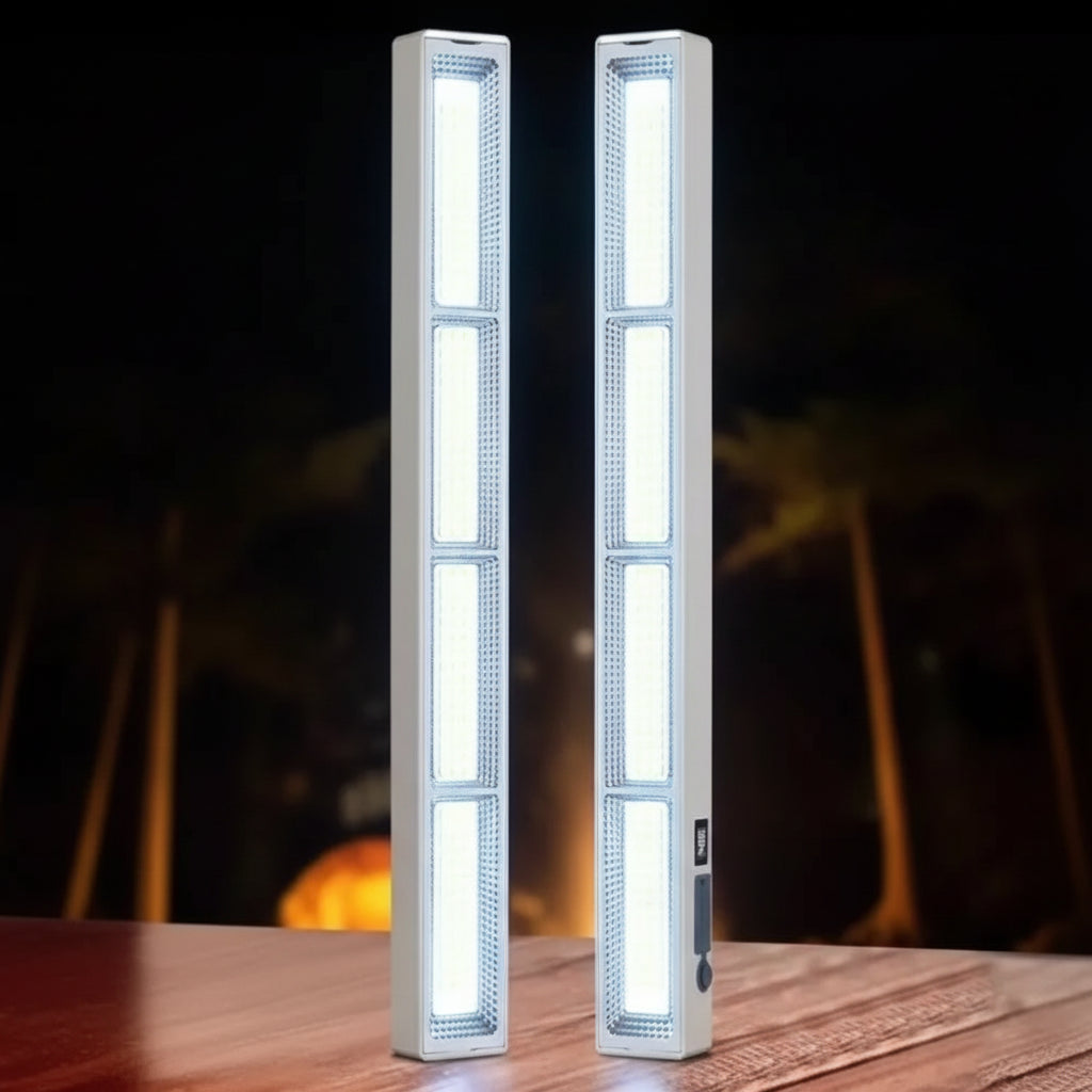 Portable light with features listed on an orange background