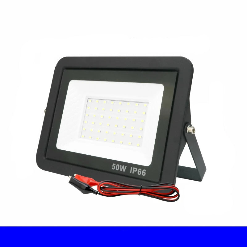 LED flood light with dimensions and specifications on a white background