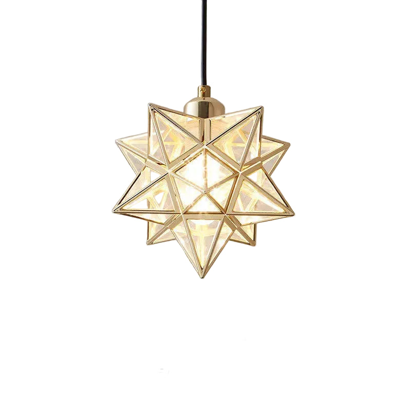 Gold geometric pendant light with dimensions on a gray background