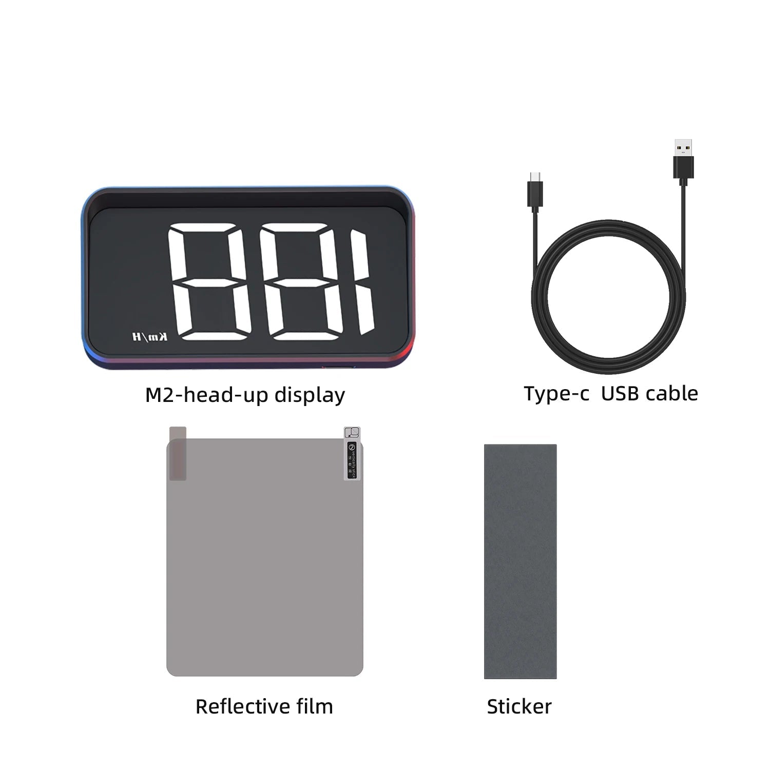 Product accessories including MZ-head-up display, Type-c USB cable, reflective film, and sticker on a white background.