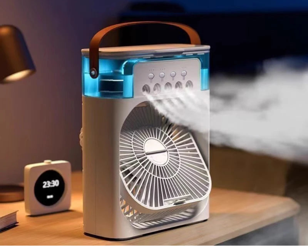Air cooler fan on a table with text indicating quick shipping.