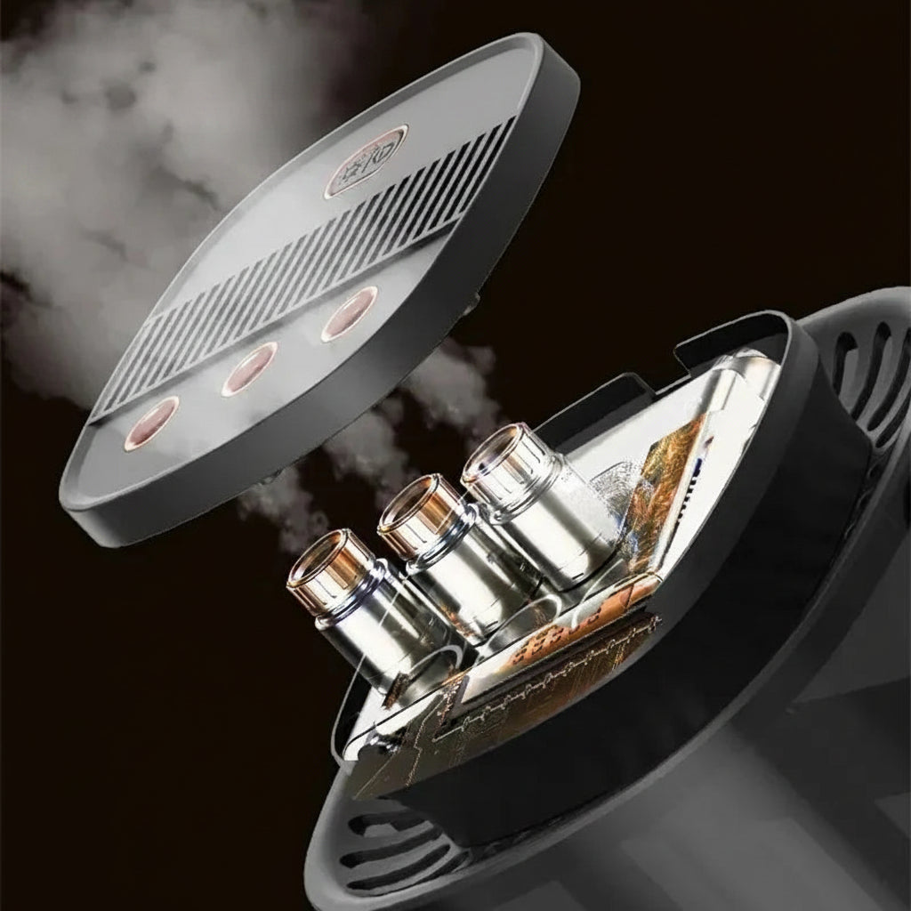 Humidifier with water tank showing steam, text about water level detection.