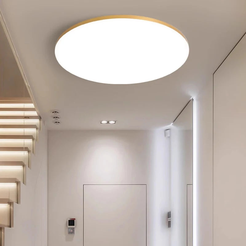 Ceiling light fixture in a modern interior setting with stairs and door.