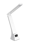 A modern white adjustable desk lamp with a digital display showing the time and touch control buttons on the base, set against a plain white background.