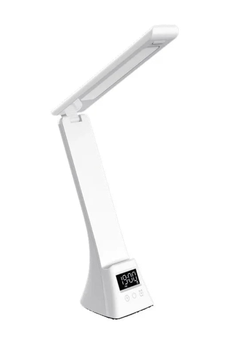 A modern white adjustable desk lamp with a digital display showing the time and touch control buttons on the base, set against a plain white background.