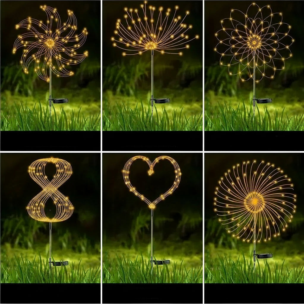 Set of six decorative outdoor lights in different shapes on grass with dark background