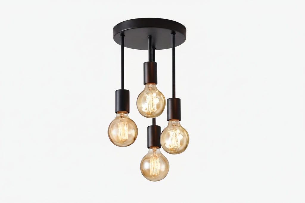 Black pendant light fixture with measurements on a white background