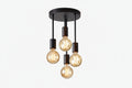 Black pendant light fixture with measurements on a white background