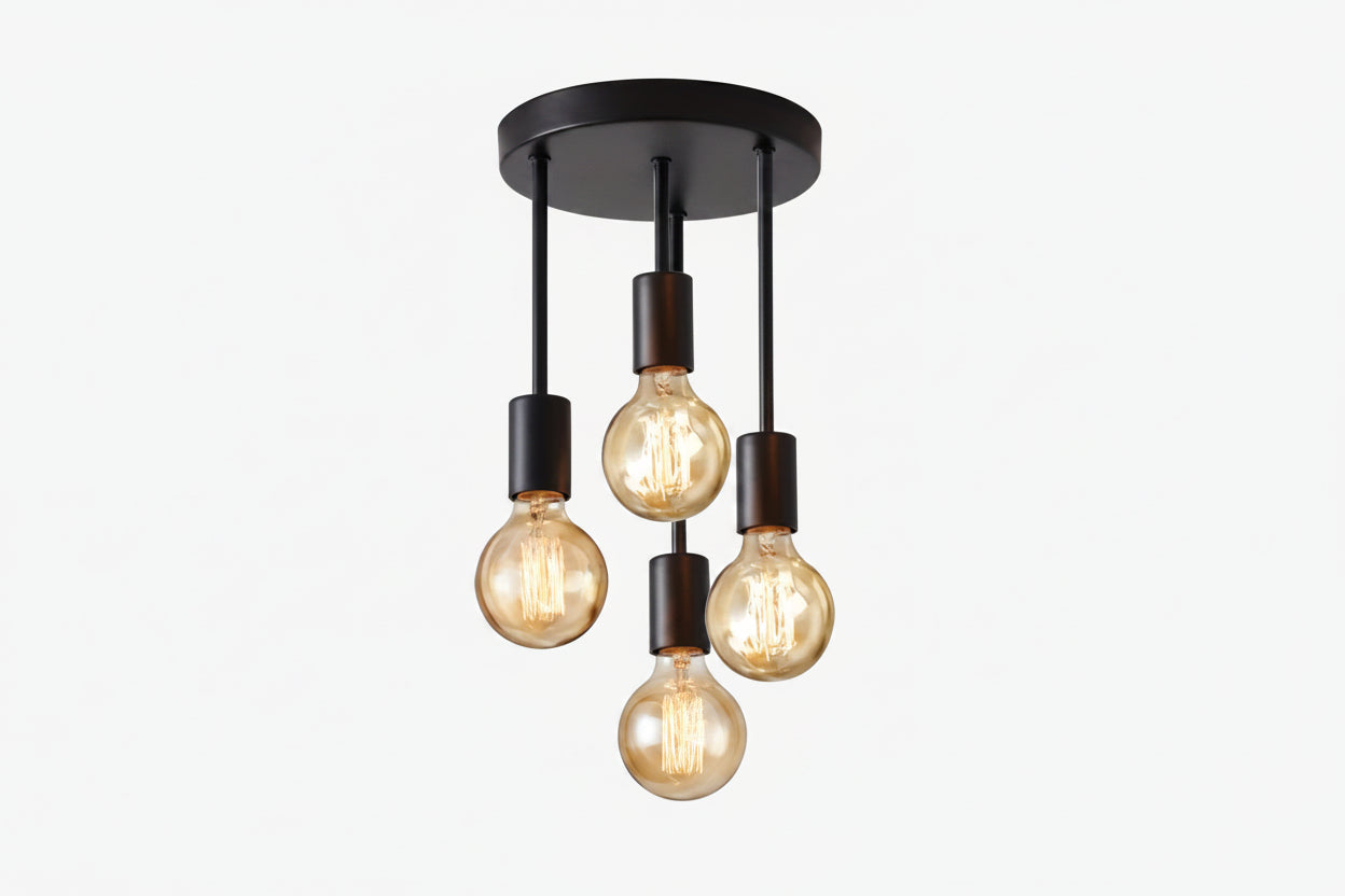 Black pendant light fixture with measurements on a white background