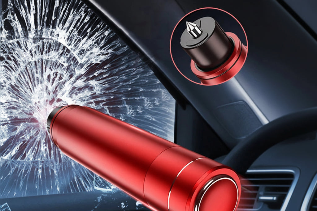 Red car window breaker with tungsten steel tip against a cracked windshield background