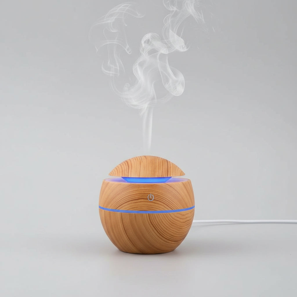 Wooden diffuser emitting mist in various settings: office, living room, bedroom, and car.