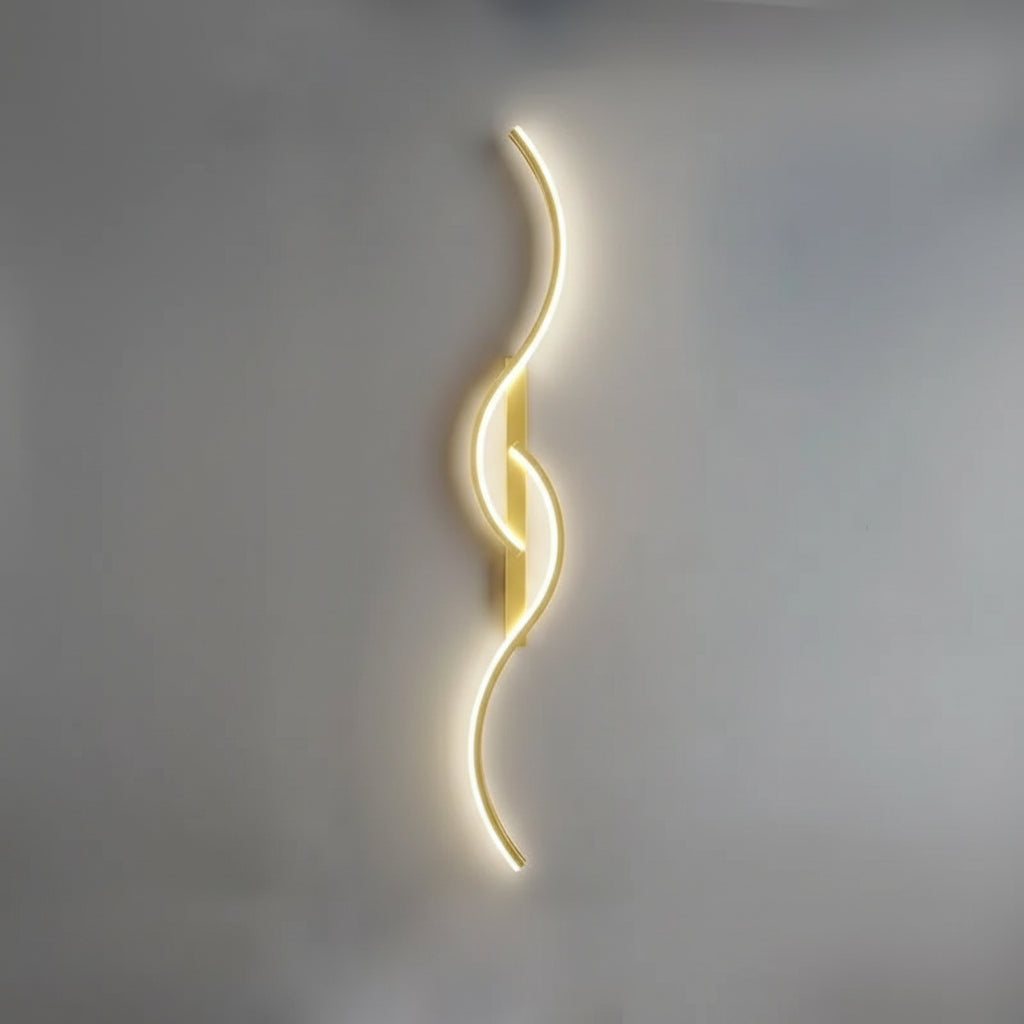 Gold wall-mounted LED light fixture with dimensions and specifications on a gray background