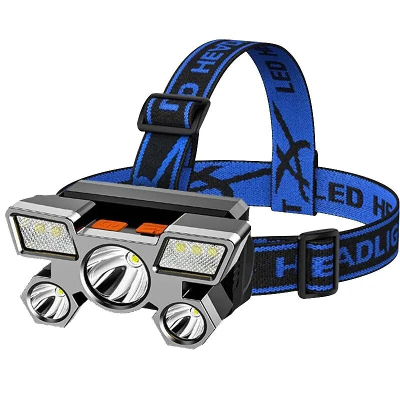 Headlamp with blue strap and measurements on a white background