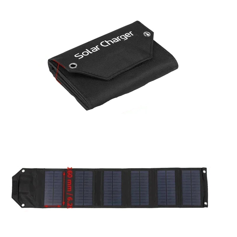 Black solar charger with dimensions labeled on a white background